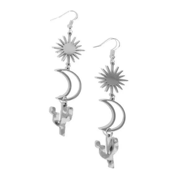 Silver Sun Moon Cactus Earrings - Picture 1 of 3